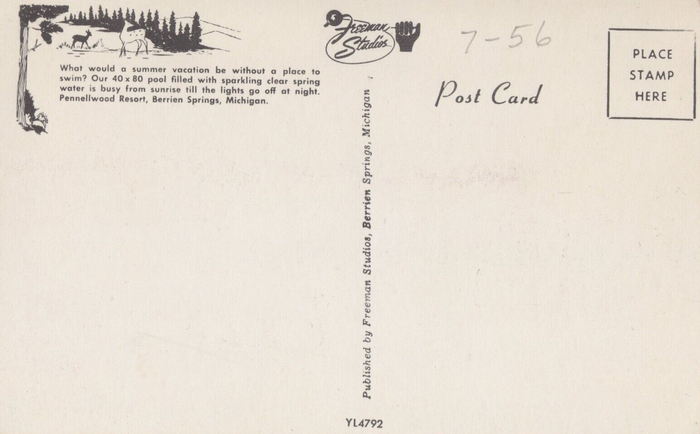 Pennellwood Resort - Old Postcard Back (newer photo)